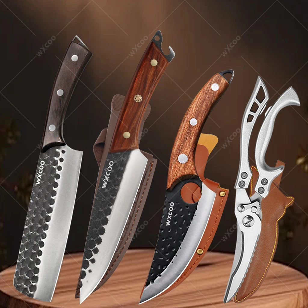 1-4PCS High Carbon Steel Kitchen Forged Chef Knife Set Professional Butcher Boning Knife Meat Fish Fruit Cleaver Knives
