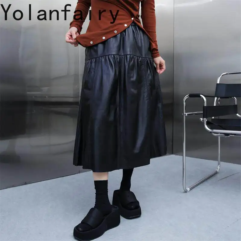 YOLANFAIRY Women Long Skirt 2026 Autumn Winter Black Genuine Sheepskin Leather Skirt  Elastic Waist Real Leather Umbrella Skirts