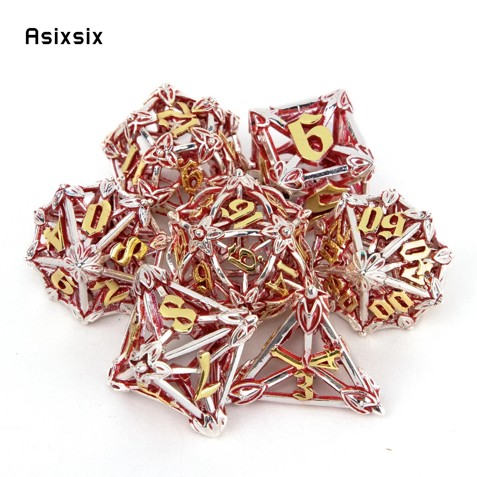 

7 Pcs Silver Red Leaf Flower Metal Dice Hollow Metal Polyhedral Dice Set Suitable for Role-Playing RPG Board Game Card Game