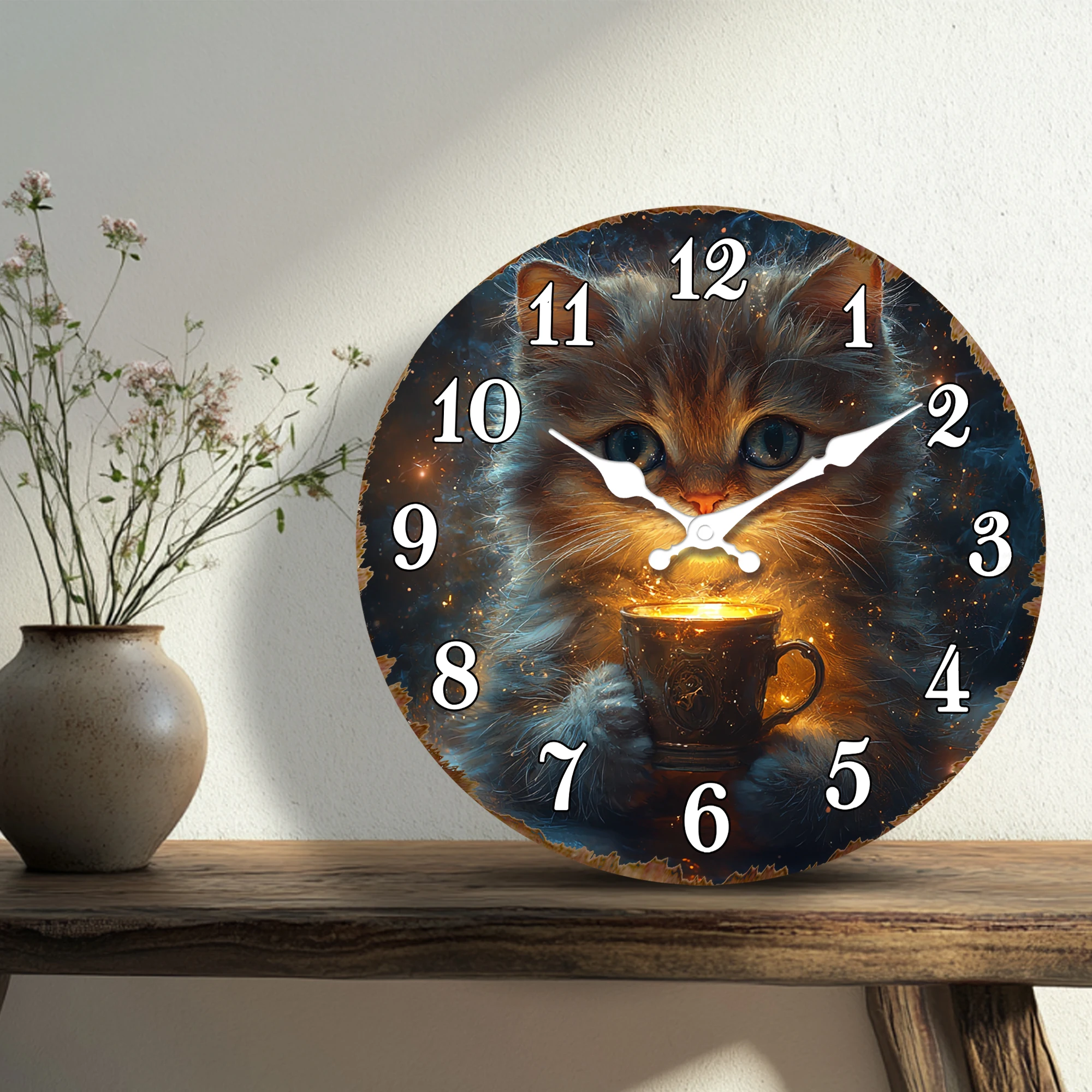 Fluffy Kitten with Sparkling Tea Cup Round Wall Clock, Cozy Fantasy Decor, Silent Quartz Clock Featuring Magical Cat and Warm Li