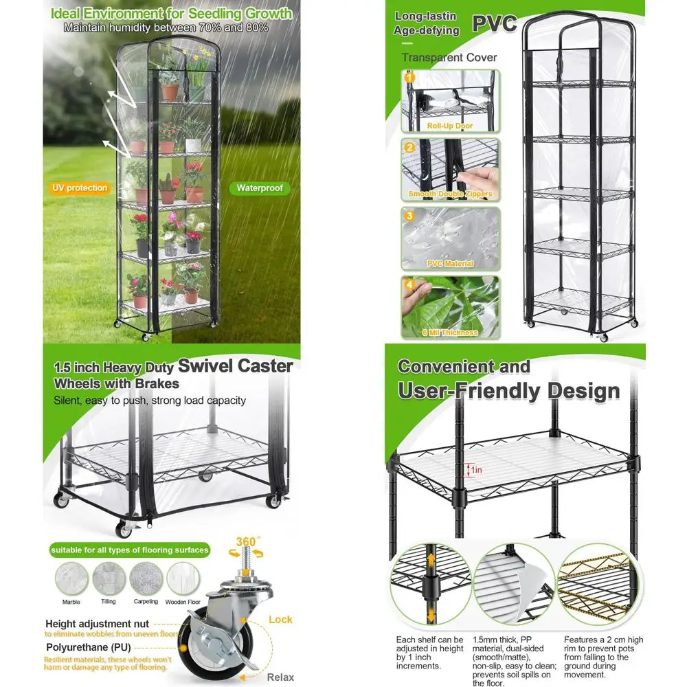 

5-уровневая регулируемая полка для теплицы на колесиках с ПВХ-покрытием и горшками для рассады, 11x16x57 дюймов
