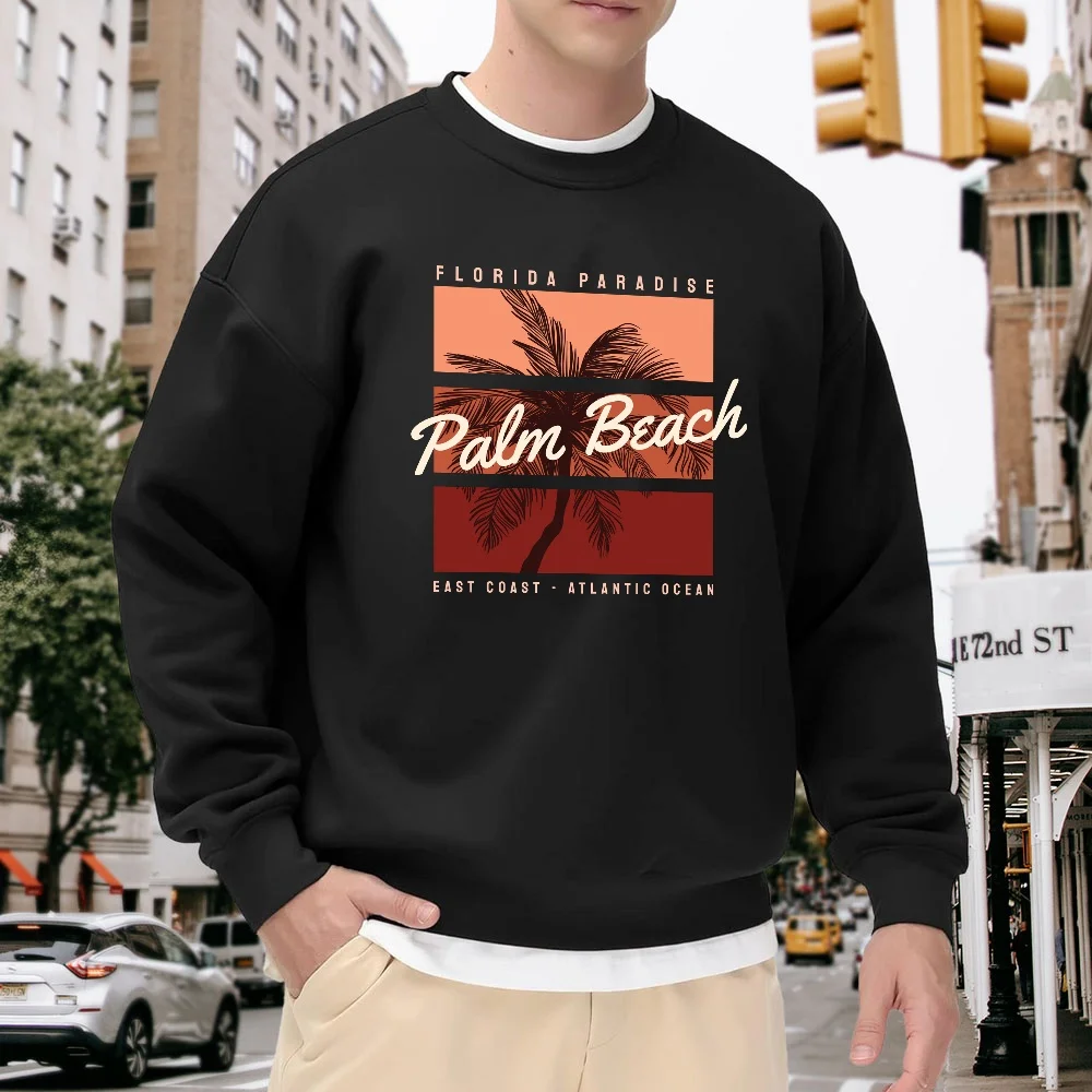 

Men's Black Crew Neck Pullover Sweatshirt with Palm Tree Letter Print, Loose Fit Top, Retro Street Style, Casual Versatile, Comfortable for Everyday Wear and Sports