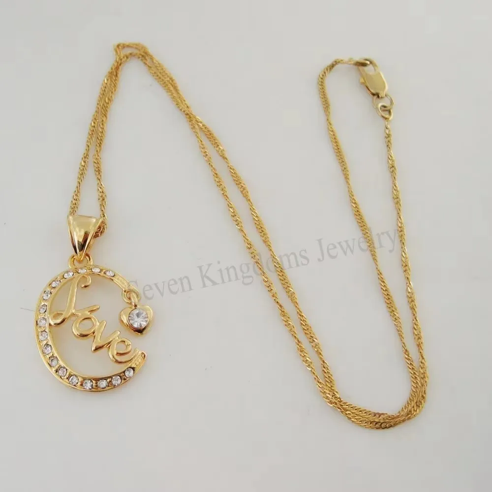 YELLOW GOLD PLATED 18INCH NECKLACE LOVE WORD AND HEART SHAPED DANGLER CZ STONES PENDANT GREAT GIFT