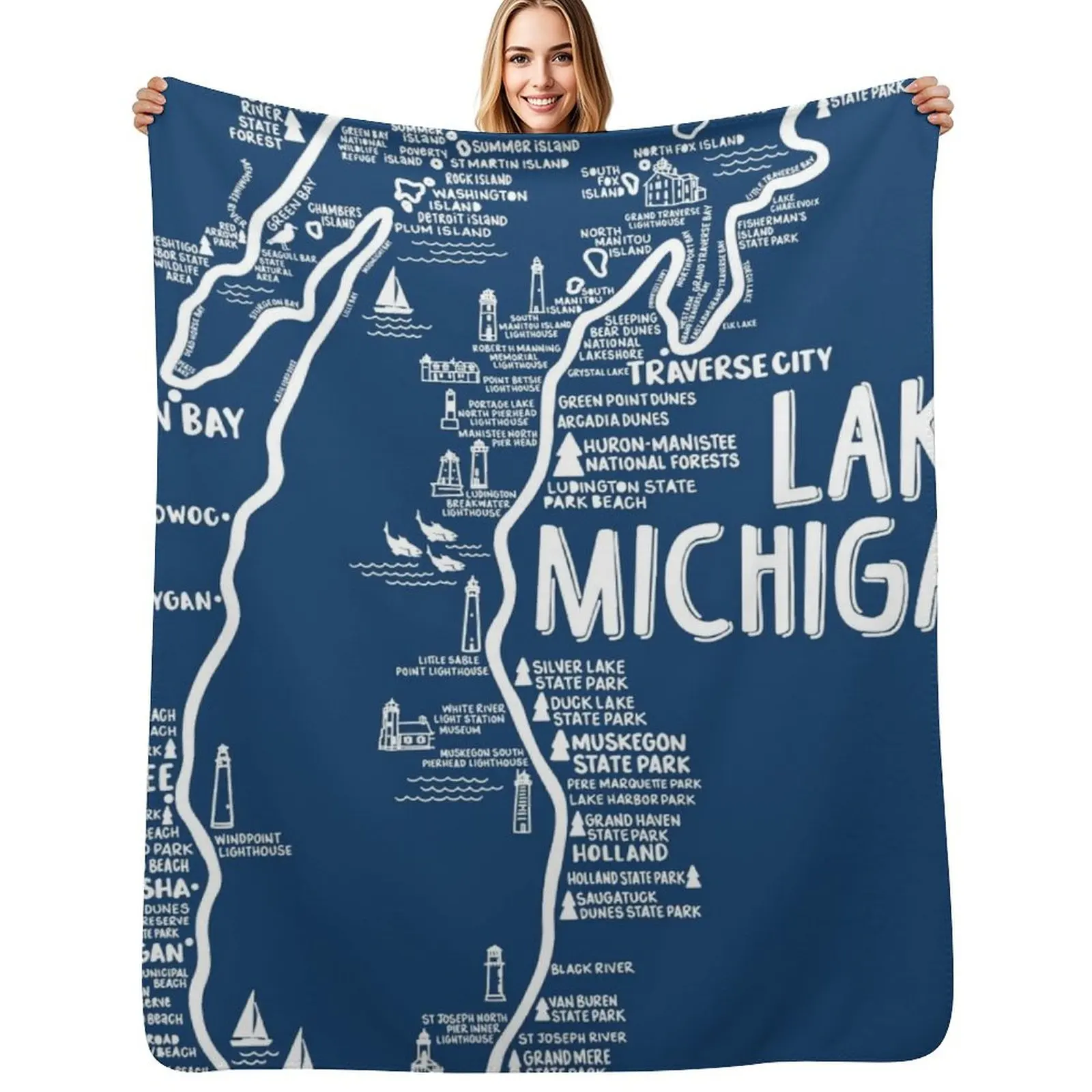 

Lake Michigan Map Throw Blanket Soft Comfort Blanket for Reading Watching TV