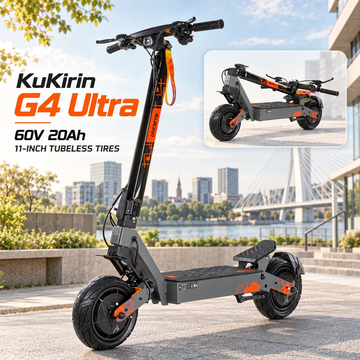 Monopattino Elettrico Kukirin G4 Ultra 60V20Ah con Coppia ≥38N·M, Pieghevole, Pneumatici Tubeless da 11 Pollici, Sospensioni Anteriori e Posteriori, Freni a Disco Doppi, Display LED, E-Scooter da