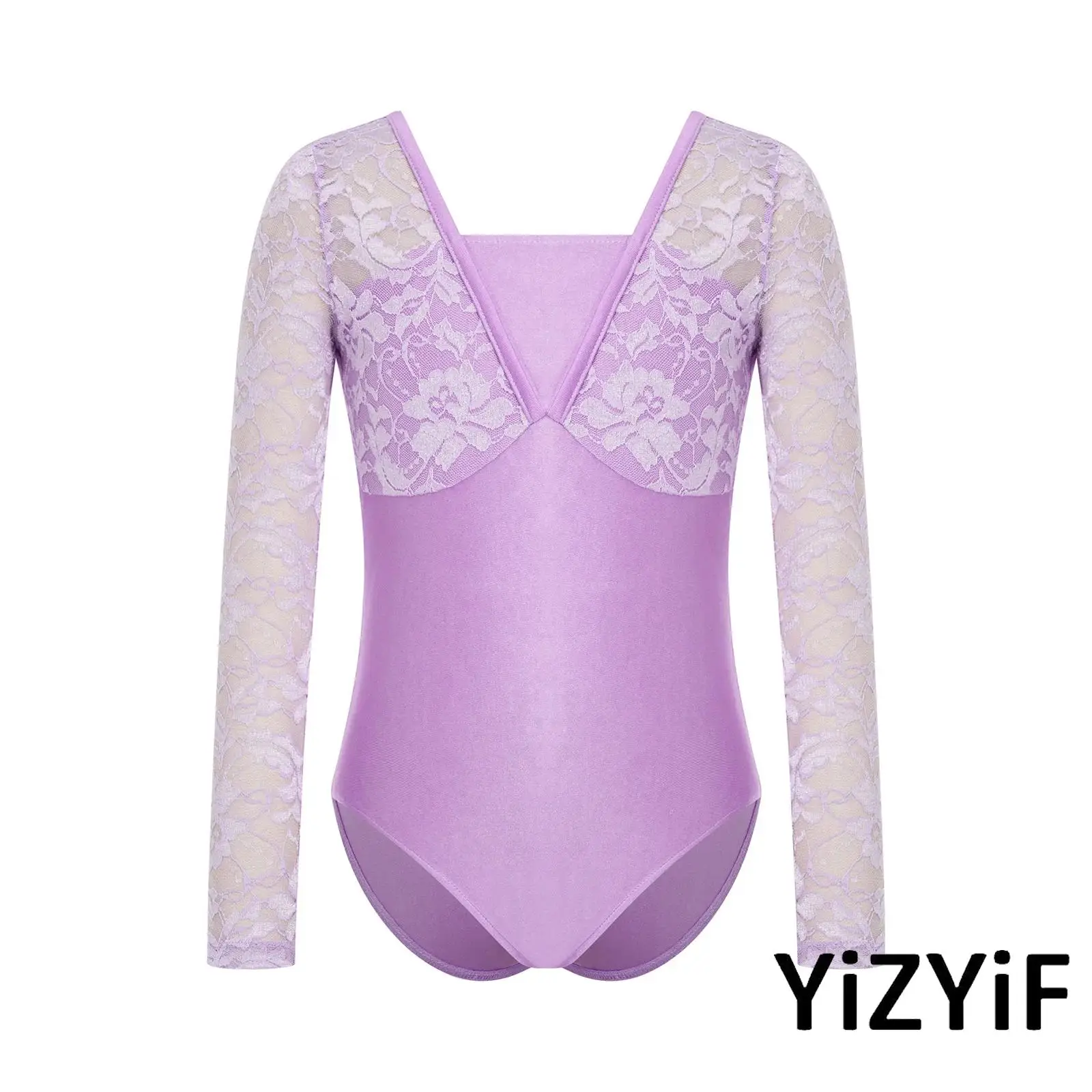 

Lace Patchwork Dance Bodysuit for Girls U Back Long Sleeve Figure Skating Leotard for Ballet Gymnastics Practice Performance