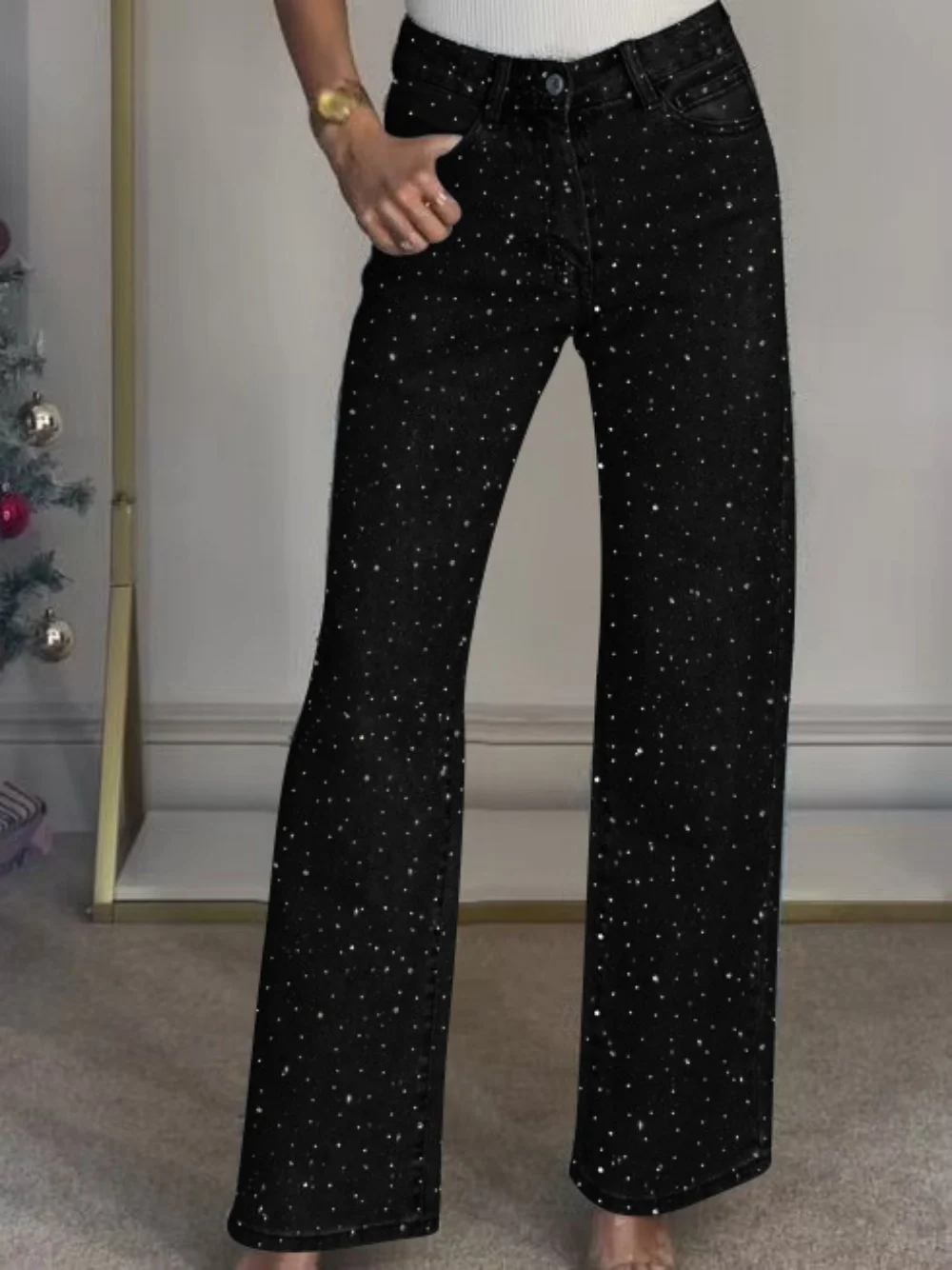 Women Denim Pants Fashion Diamond Washed Elastic Denim Wide-Leg Pants Streetwear Casual  Lady High Waist Straight Jeans Trousers