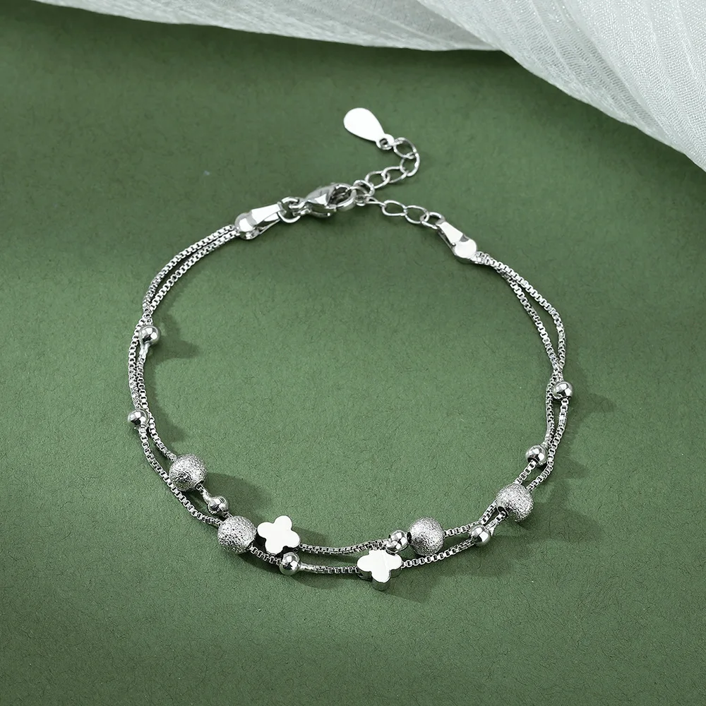 Four Leaf Flower Transfer Bead Double-layer Bracelet Frosted Round Bead Multifunctional Bracelet Friendship Jewelry