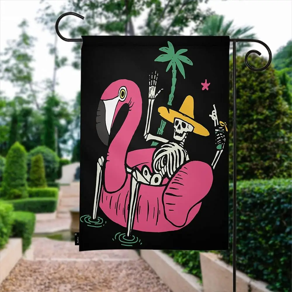 Skull In Pool Flamingo Garden Flag Skeleton Drink Palm Trees Ocean Vacation Welcome Yard Flag Banner Garden Porch Flags For  jjp