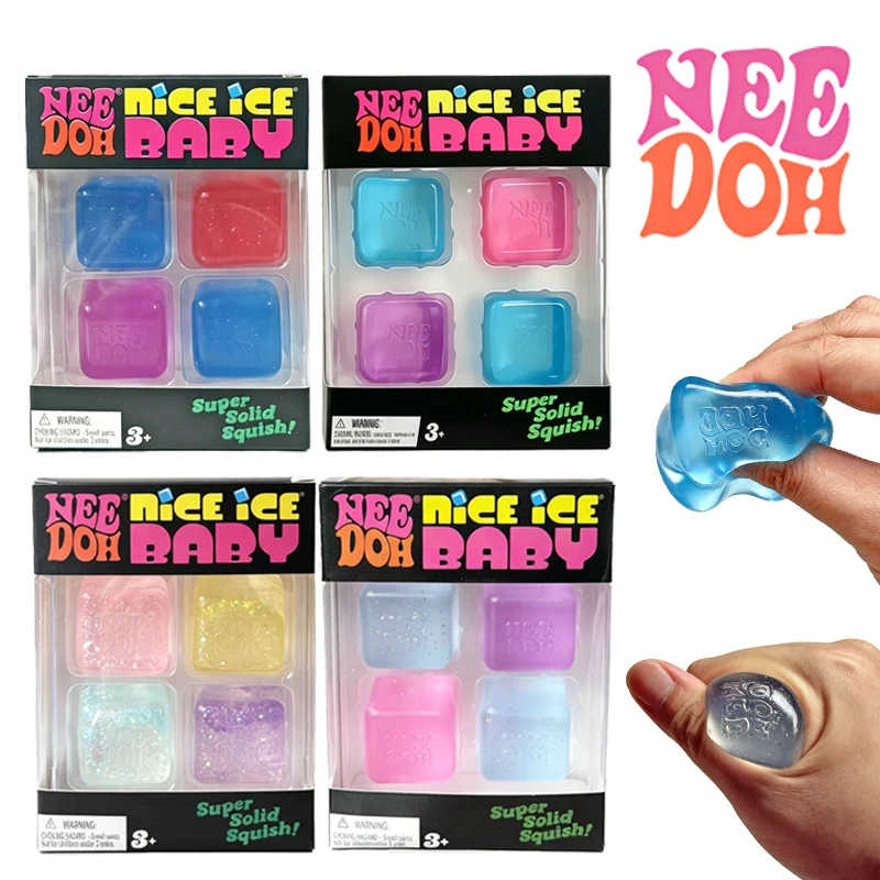 Needoh Nice Ice Mini 4 Pack Transparent Maltose Squish Cube Slow Rebound TPR Squeeze Fidget Toy ADHD Anxiety Sensory Relax Gift