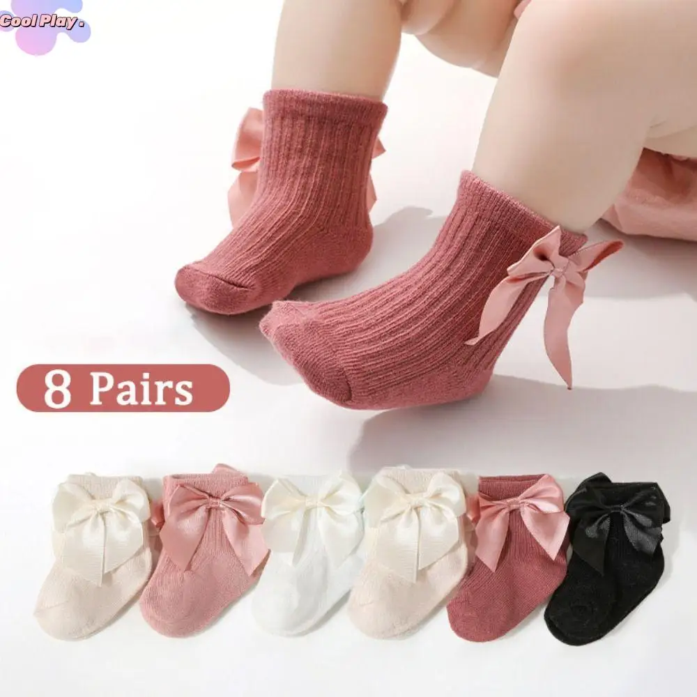

8Pairs Soft Bowknot Baby Cotton Socks Stripe Breathable Toddle Short Tube Socks Autumn Spring Cute Infant Solid Socks Newborn