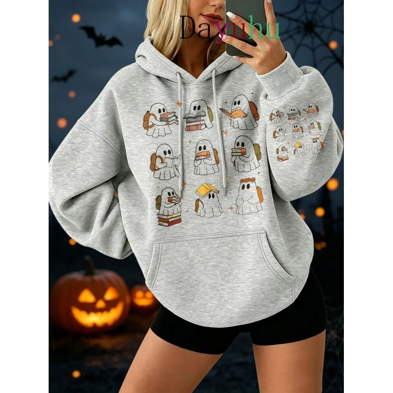 Halloween Cute Ghost Reading Books Pattern Autumn Winter Street Wear Pullover Sweatshirt Women Clothes Female Y2k Aesthetic Ove