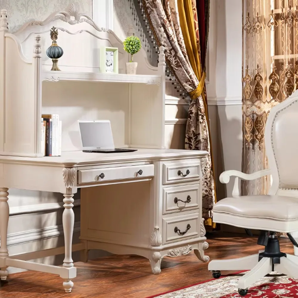 Antique American Solid Wood Desk with Bookshelf - European Platinum Decorative Computer Desk, Suitable for Office/bedroom