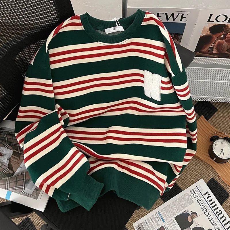 Men's Sweatshirts Spring Autumn Cotton Striped Letter Sweater Women's Long Sleeves Round Neck Loose Tops Sweatshirt Hoodies