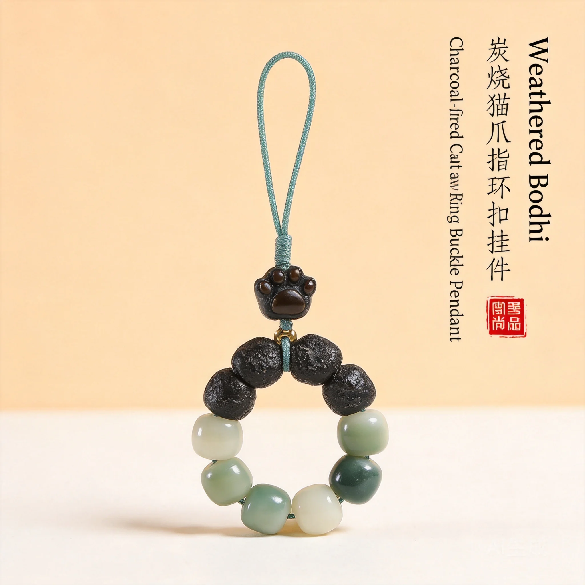 Chinese Style Lucky Blessing Fortune Transfer Bodhi Beads Finger Ring Phone Lanyard Cute Cat Paw Pendant Phone Case Charm Hangin