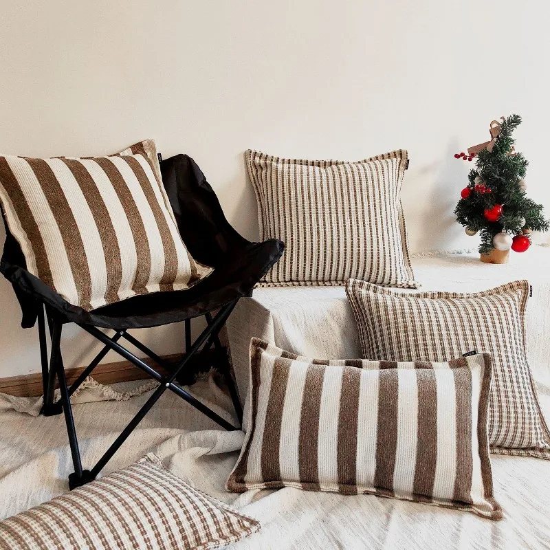 Modern Retro Oat Brown Striped Jacquard Cushion Cover Texture Pillow Covers Decorative Modern Luxury Home Decor Cushion Case