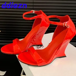 Fashion Ankle Buckle Footwear Red Women Wedges Pumps Shoes Female Peep Toe Party Wedding Ladies Super High Heels Sandals Shoes