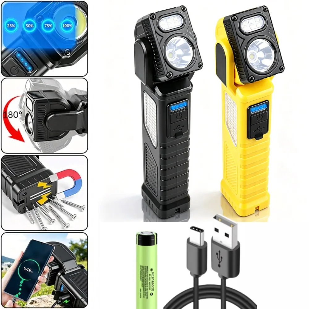 New LED Magnetic Rechargeable Work Light 180°Rotatable Flashlight Multifunctional Inspection Torch for Camping Vehicle Repair