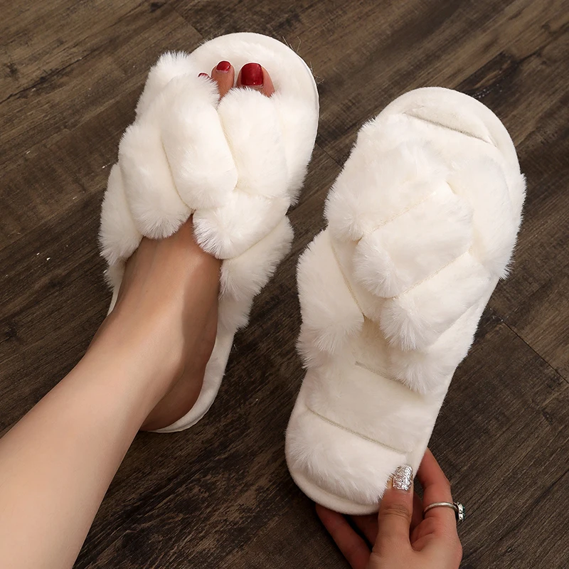 Modisches Design, Kreuzriemen, flauschige Fellpantoffeln für Damen, bequeme, weiche, flache Sohle, Hausschuhe für Damen, leichte, offene Plüschpantoffeln – Detail 9