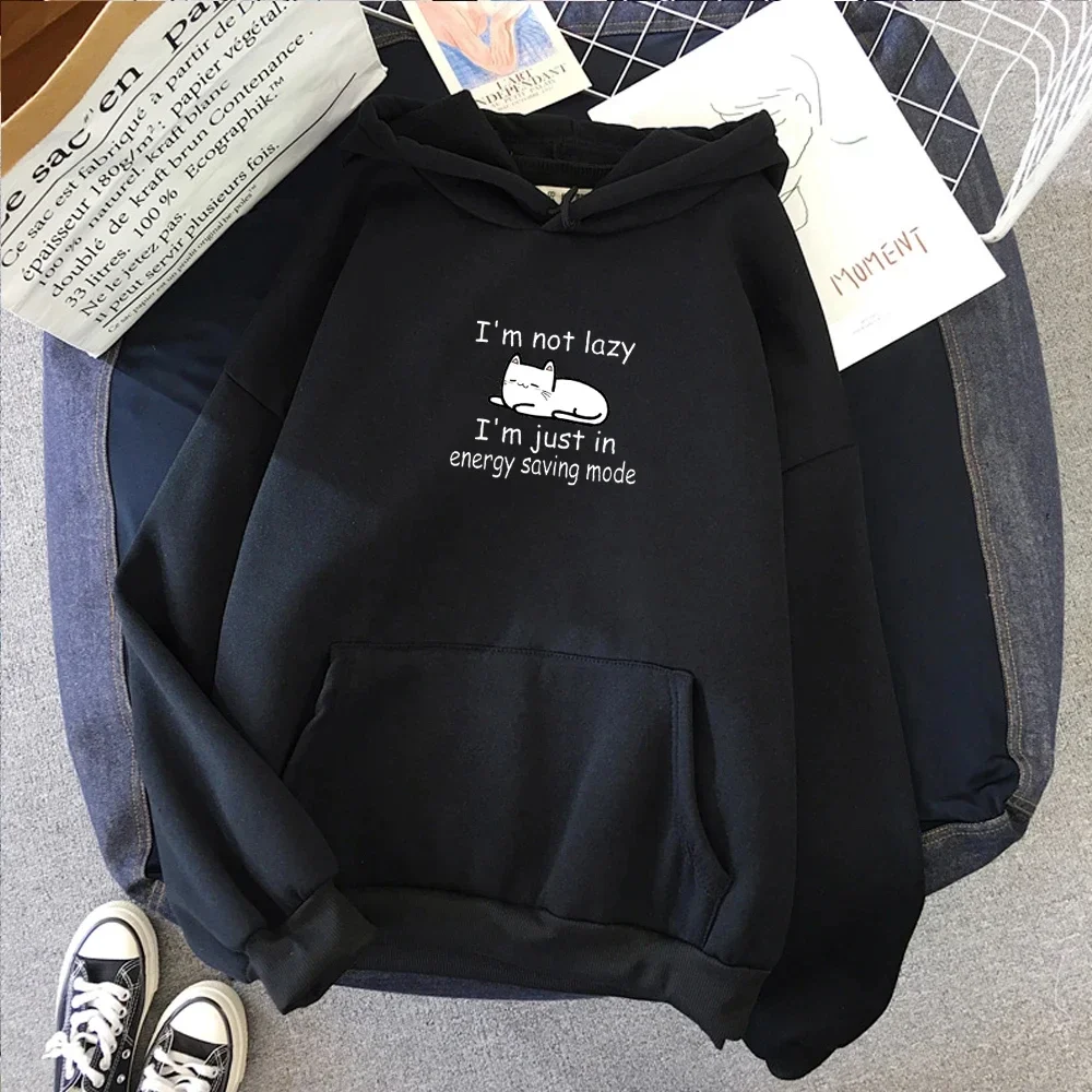 The new humorous streetwear Harajuku sweatshirt features a cute cartoon cat graphic and a lazy style lettered hoodie