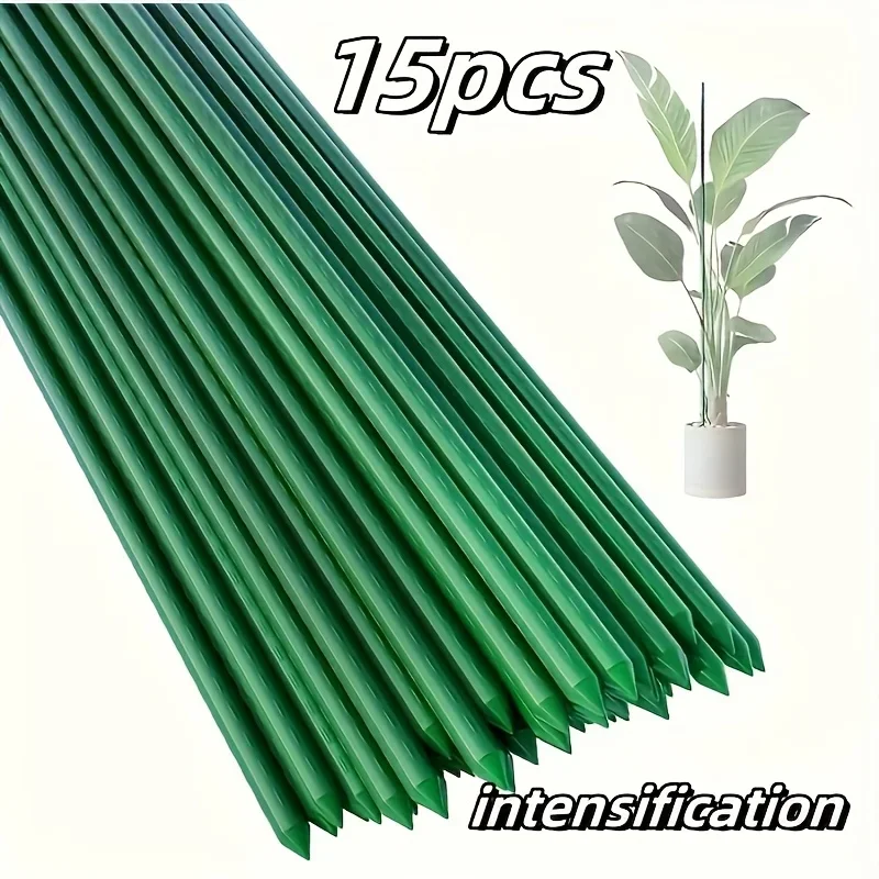 15Pcs 8mmx60cm/ 11mmx90cm  Two choices,Green Plastic Coated Steel Plant Stakes, Long-Lasting Garden Sticks    H0983AA