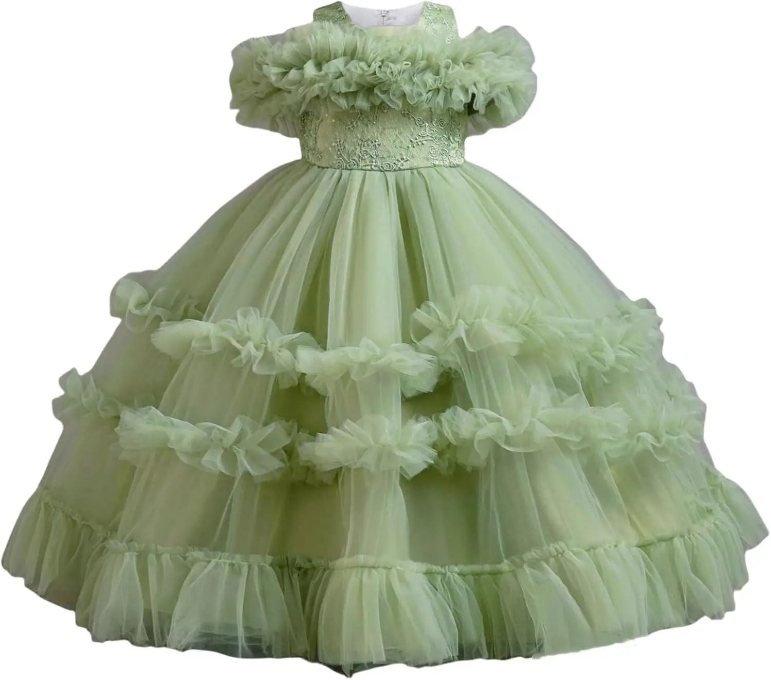 얇은 거즈 플라워 걸 드레스 레이어드, 푹신한 러플 밑단 드레스, 어린이 첫 영성체 드레스, 생일 파티 댄스 드레스