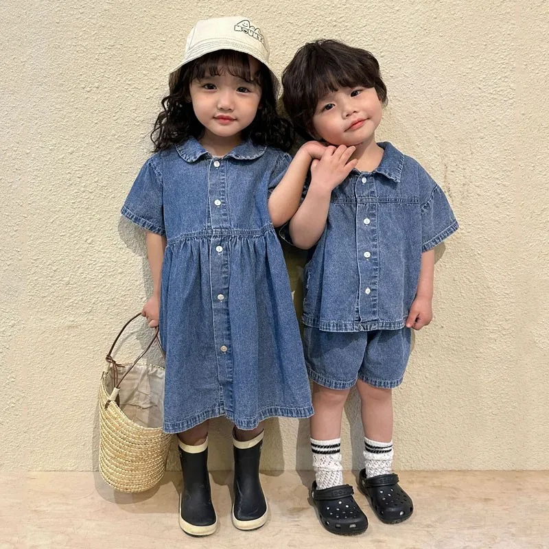 Summer Denim Set Turn-down Collar T-shirt Simple Shorts Jeans Girls\' Dresses Sibling Outfits Casual Dresses For Children Girls