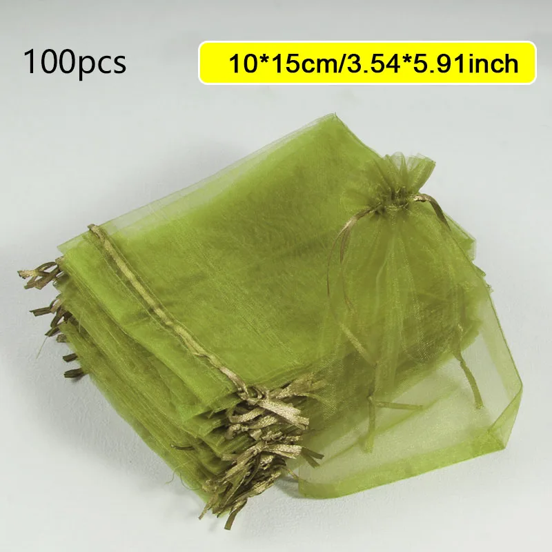100 Stück armeegrün, verschiedene Größen, atmungsaktive Organza-Obstnetztaschen für Mango, Blumen, Bananen, schützen Pflanzen vor Beschädigungen