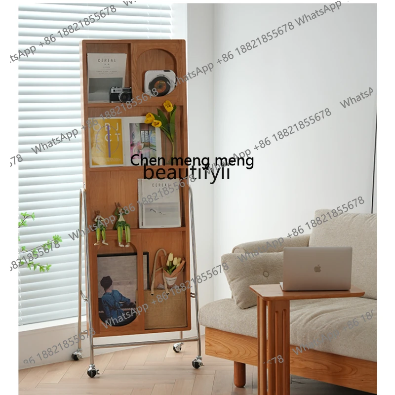 Modern Solid Wood Dressing Mirror Full Body Floor Mirror Home Fitting Mirror Bedroom Movable Adjustable Magazine Rack