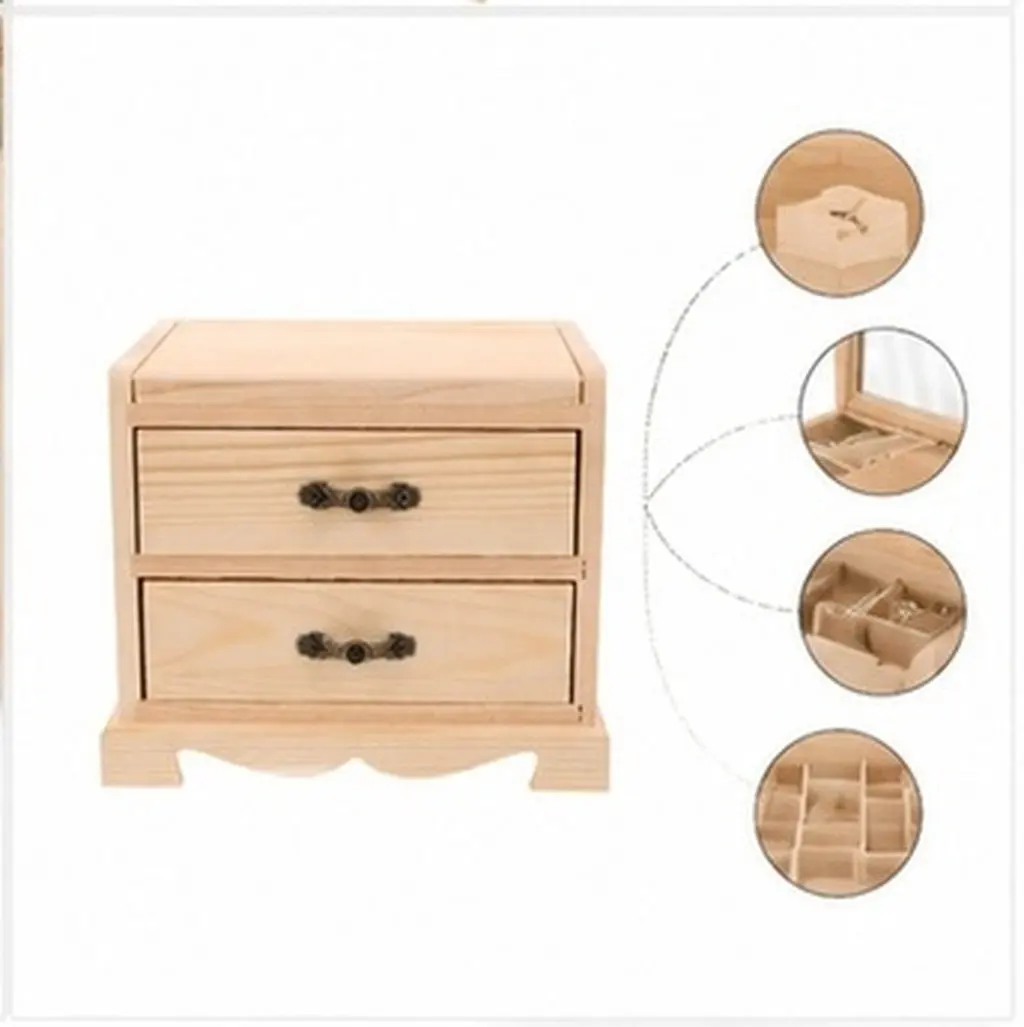 Wooden Jewelry Box Mirror Rustic 2 Tier Drawer Organizer Necklace Ring Bracelet Earrings Vintage Vanity Dresser Gifts