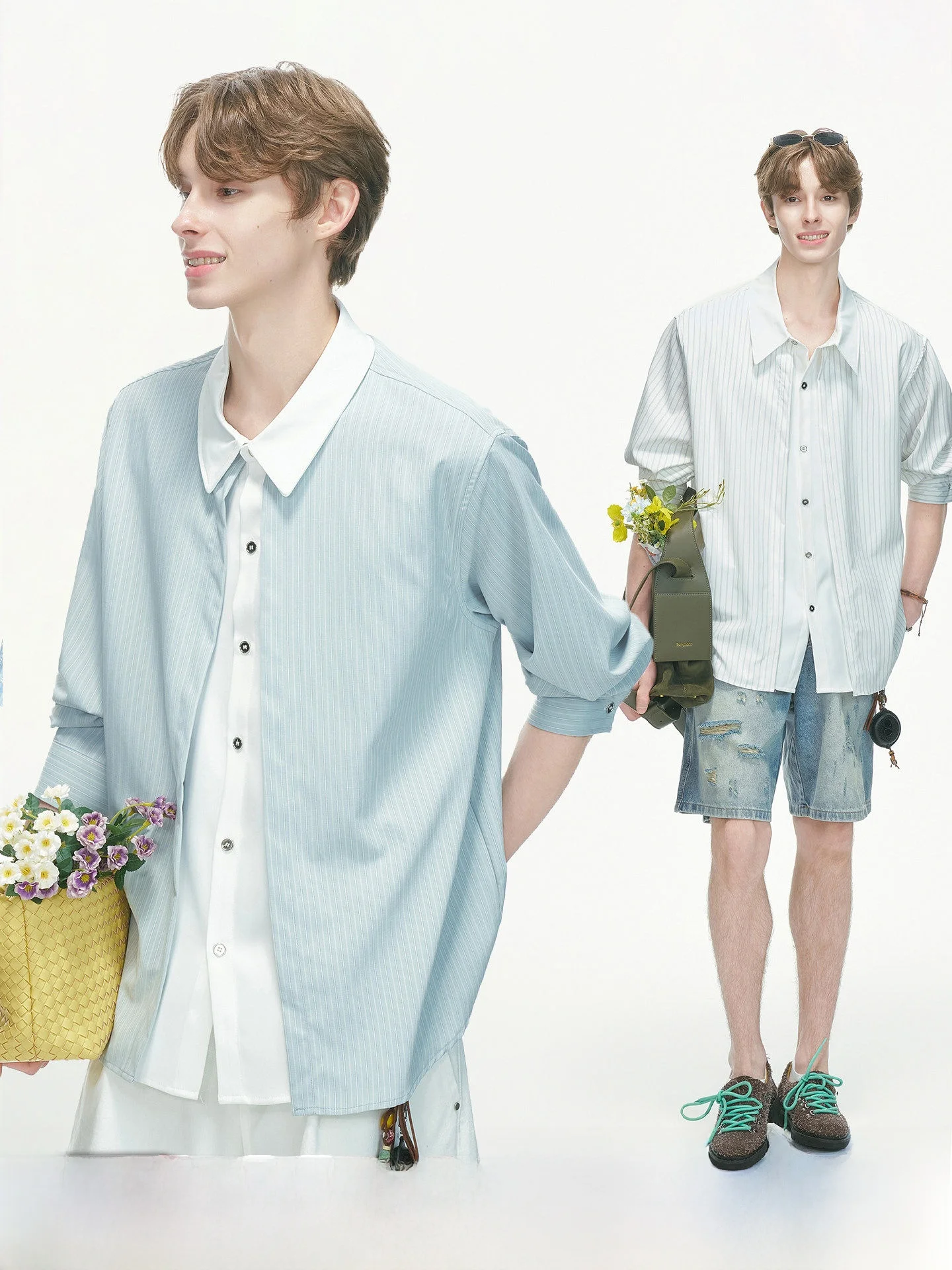 Dream Made American Style Men's Long Sleeve Striped Shirt Summer Commute Physical Sun Protection Loose Fit Fake Two-Piece