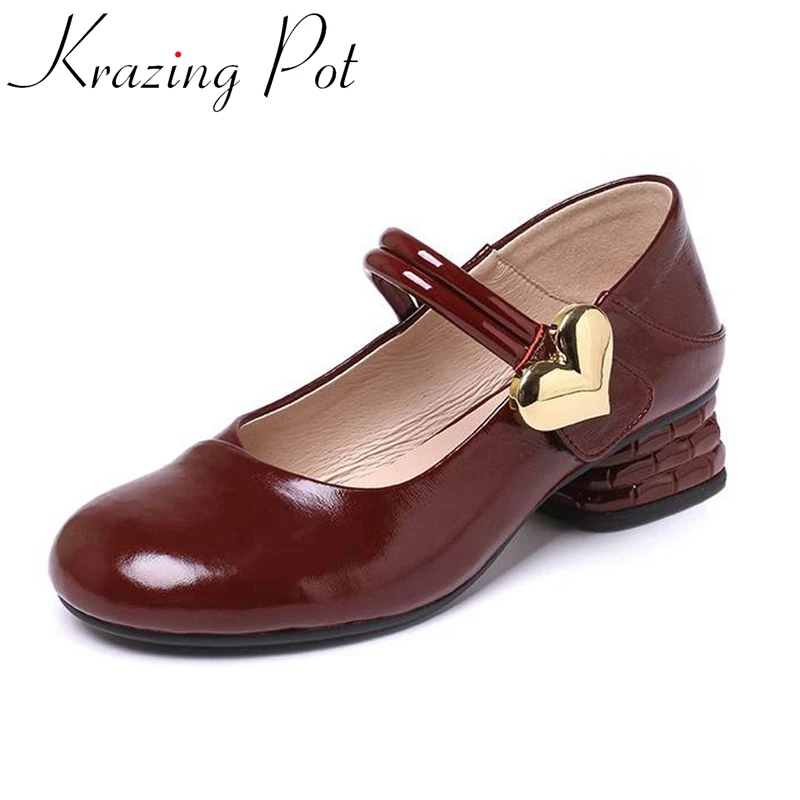 Krazing Pot Big Size 43 Cow Leather Round Toe Med Heels Mary Janes Sweet Fairy Love Decorations Buckle Strap Preppy Style Pumps