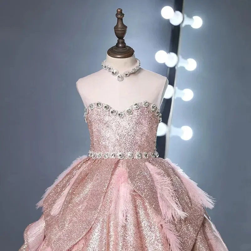 Robes de demoiselle d'honneur rouges brillantes pour mariage, plumes de cristal, fête d'anniversaire pour enfants, première communion, tout ce qui est personnalisé