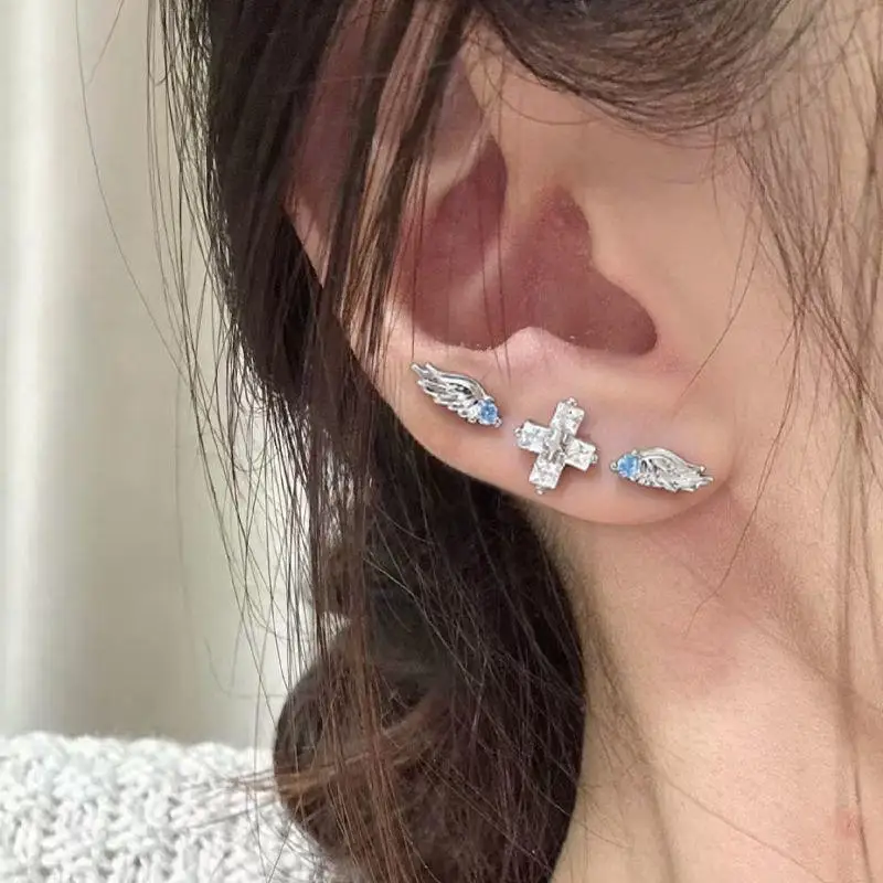 3Pcs Fashion Wing Stud Earrings Creative Angel Wings Shiny Crystal Personality Ear Bone Nail Jewelry Accessories Gifts