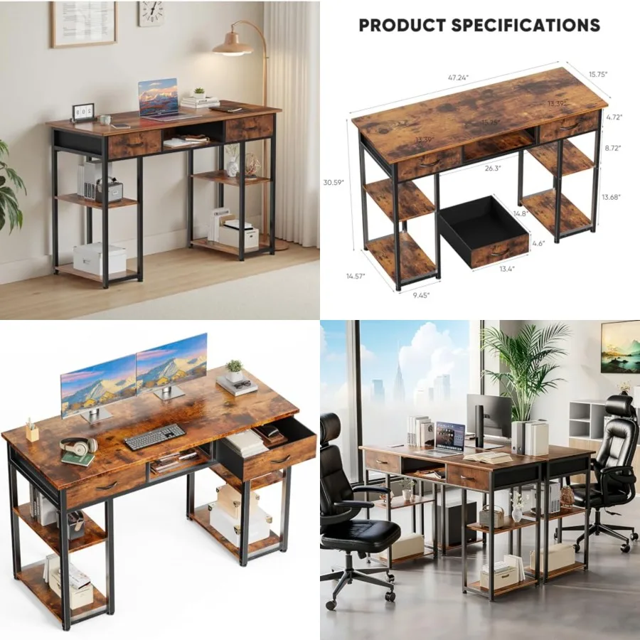 

48" Small Computer Home Office Desk for Bedroom with Drawers, Gaming Writing Study Table with Storage Shelf, Adjustable Feet, M