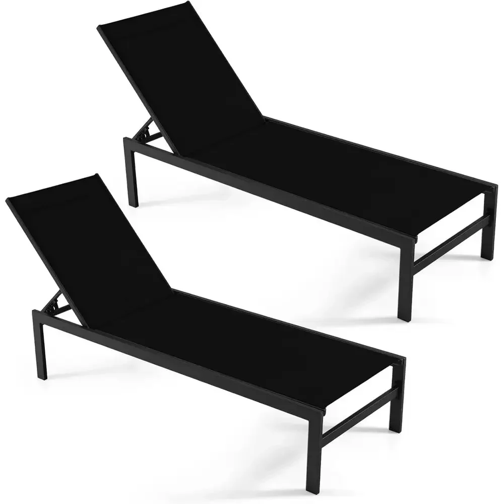 2-Piece Outdoor Aluminum Reclining Chaise Lounge Chairs with 6 Positions, Ideal for Yard, Pool, or Deck (Black)