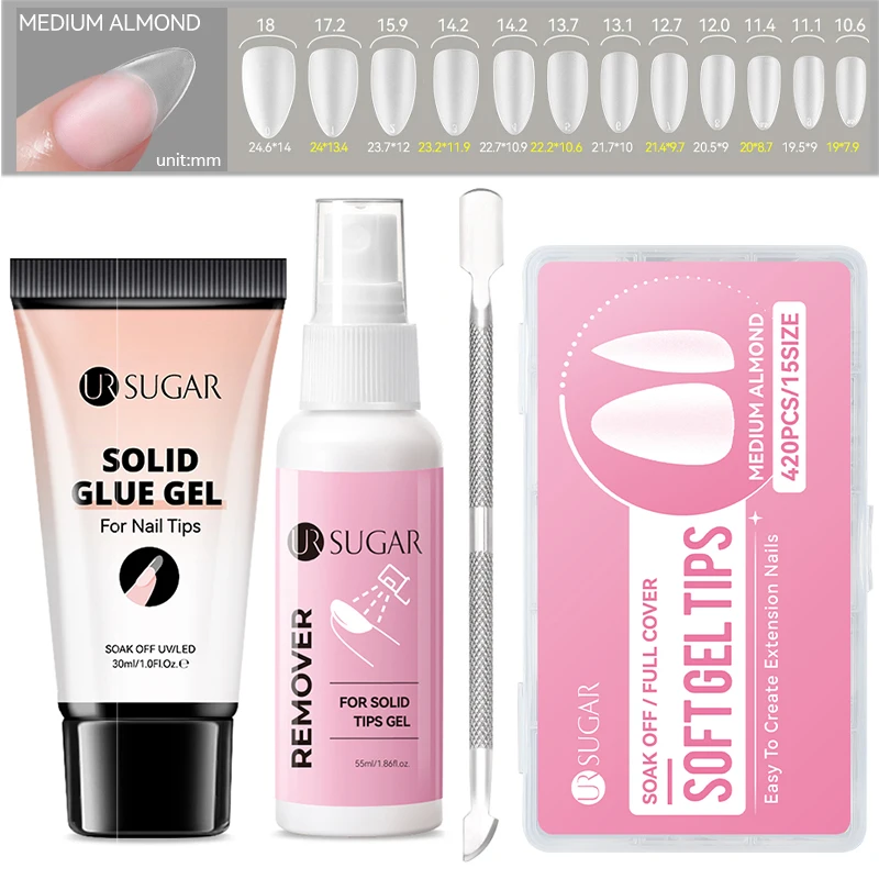 

UR SUGAR 4Pcs Press On Nails Set 30ml Solid Glue Gel 50ml Glue Remover 420Pcs Soft Gel Tips For Quick Nail Extension Manicure