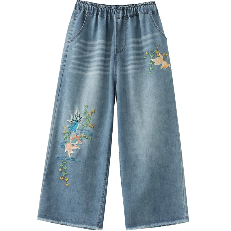 Japanese Vintage Mori Girl Cartoon Flower Embroidery Denim Cotton Pants Women High Elastic Waist Casual Loose Wide Leg Jeans
