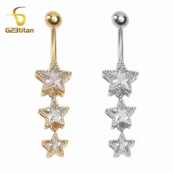 G23titan 14G Titanium Barbell Navel Piercing Golden Silver Color Zircon Star Dangle Belly Button Rings Jewelry Women Accessories