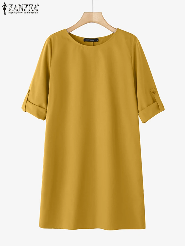 ZANZEA automne femmes robe 2025 mode demi manches col rond chemise décontractée robes poches ample solide genou longueur fête robe d'été
