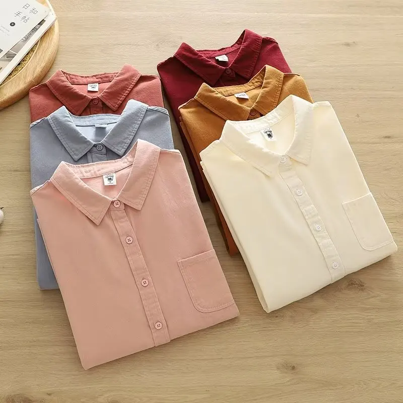 

Office wear women Japanese style autumn cotton long sleeve solid shirts and blouses pink red blue women's elegant blouses