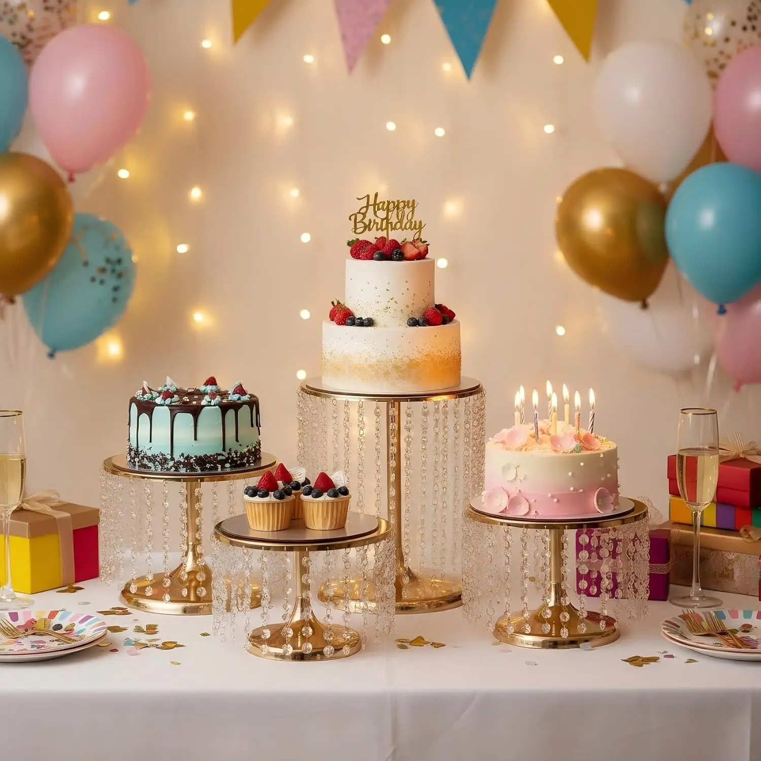 3-Piece Gold Metal Cake Stand Set, 12 Inch Round Cupcake Holder and Dessert Pedestal Display Plate for Table, Wedding Party Anniversary Baby Shower