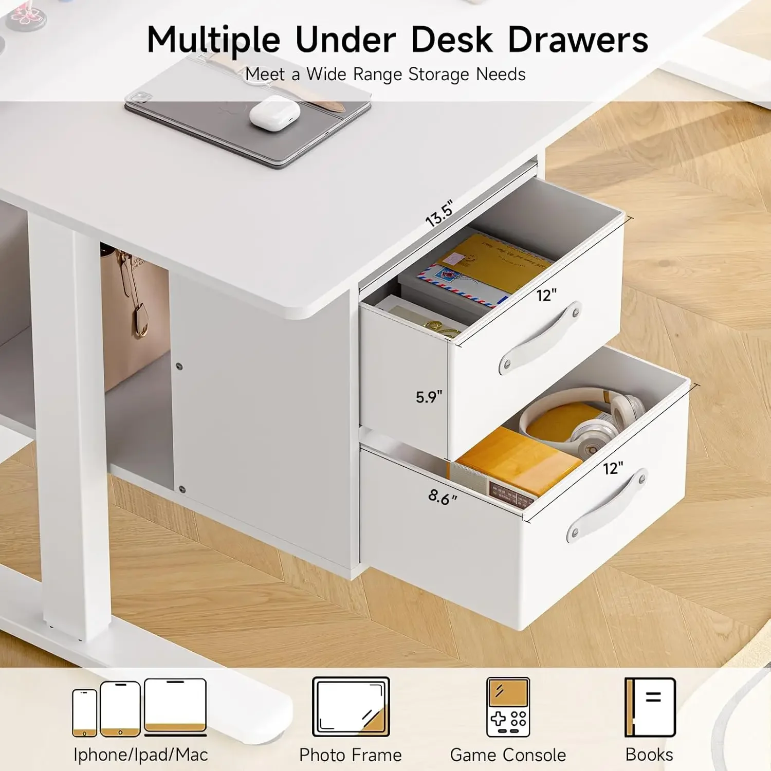 Mesa de pé com gavetas, mesa elétrica de 63x24 polegadas com 3 gavetas e prateleira de armazenamento aberta, mesa de suporte para sentar