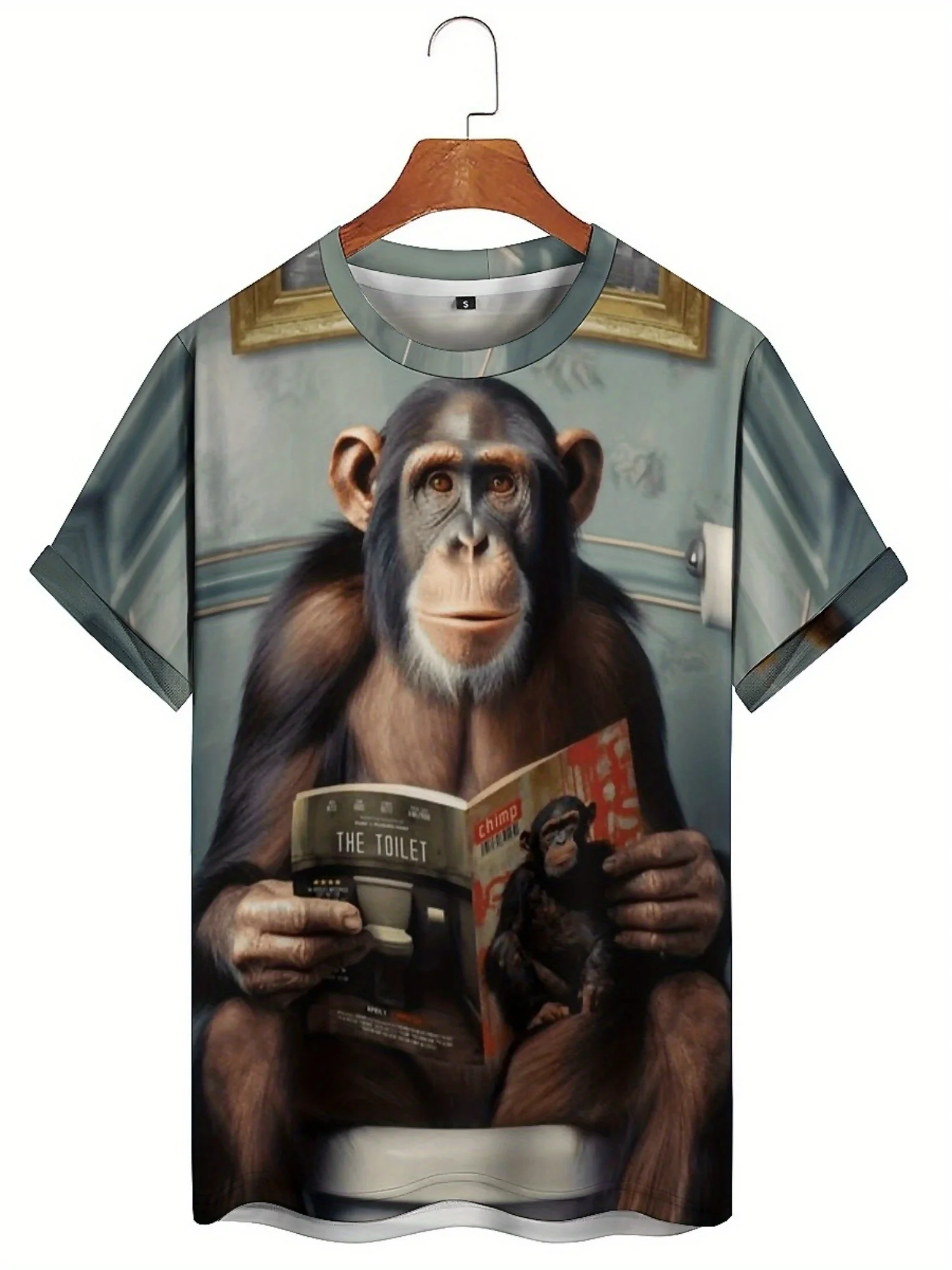 Men's Hip Hop Funny Monkey Reading 3D Graphic T-Shirt - Bold Geometric Print Loose Fit Plus Size Casual Streetwear, Breathable