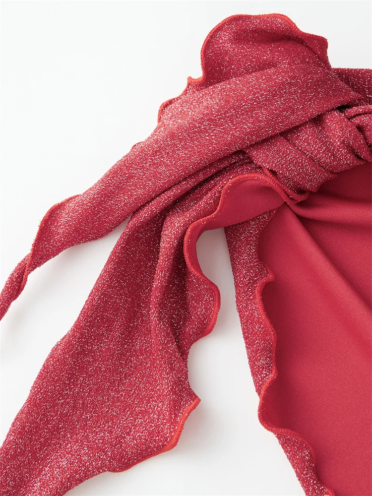 Chronstyle conjunto de biquinis femininos 3d rosa halter amarrar trajes de banho praia biquinis cobrir saias 3 peças roupas de praia 2025