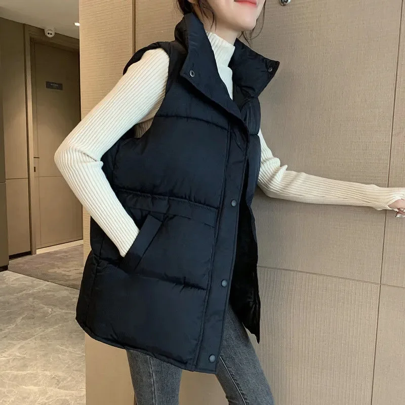 

2024 New Fashionable Elegant Women's Down Cotton-padded Coat Stand Collar Waist-fitted Female Sleeveless Vest Waistcoat Jackets