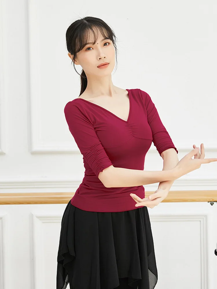 Damska koszulka do tańca klasycznego z dekoltem w serek, sznurkiem, krótkim rękawem, jednolity kolor, kostium, chiński ludowy strój sceniczny, na próbki i ćwiczenia.