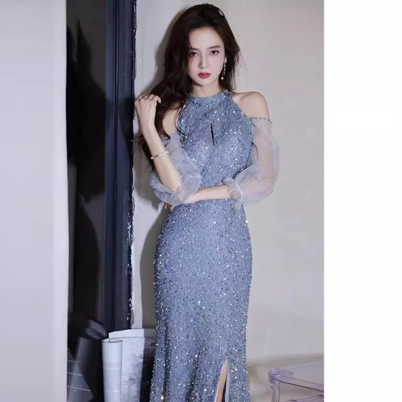 

Annual Party Dress Women 2024 Blue Long Halter Host Light Luxury Minority Ladies Banquet Elegant Sequins