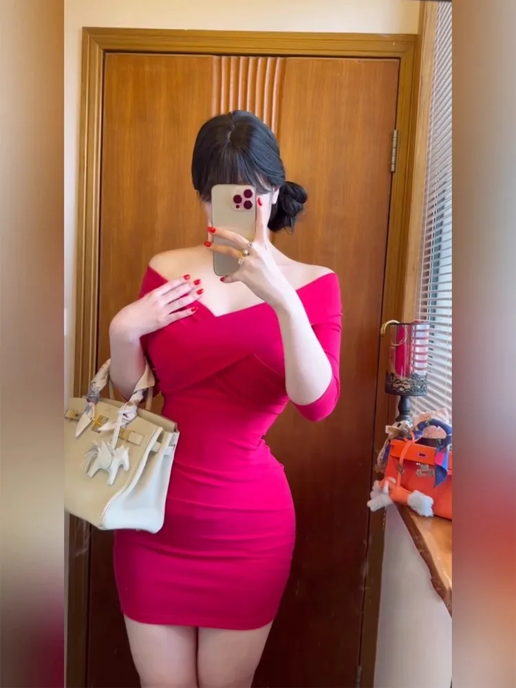 Keni plus Size Pure Desire Shoulder Bared Hot Pink Dress Women's Autumn Sexy Plump MM Sexy Spicy Girl Wrap around Skirt