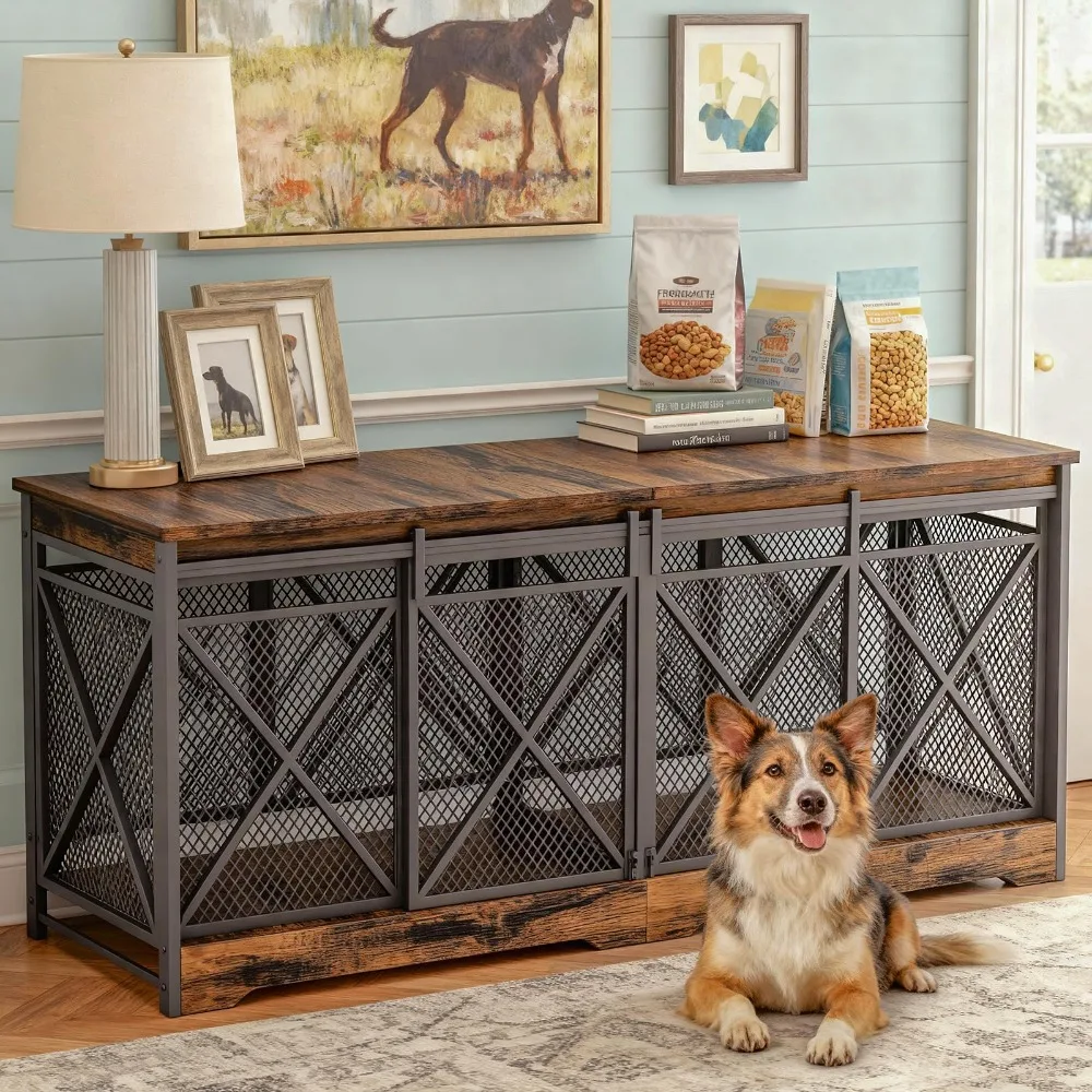 78 Inch Double Dog Crate Furniture,(Caramel Brown)